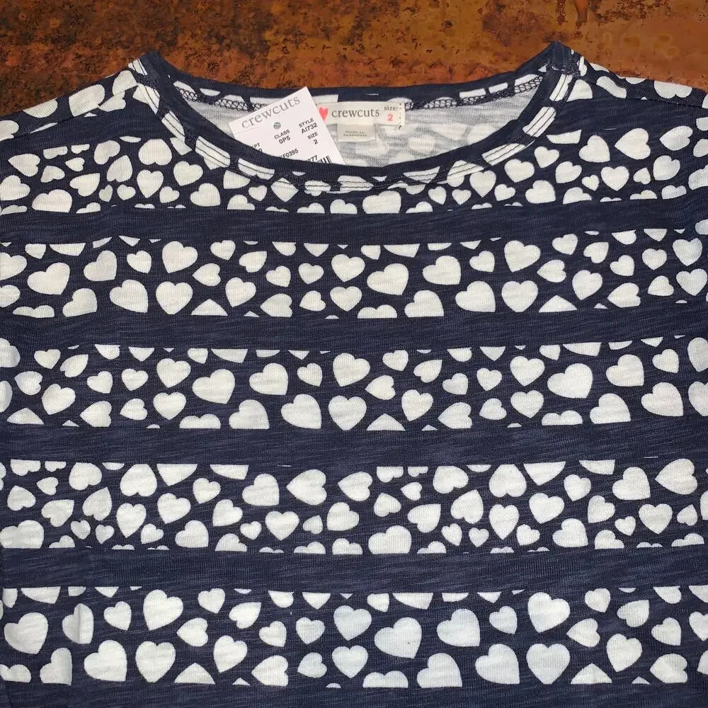 NWT J Crew Girls' Ruffle-Trim Navy Top in Hearts & Stripes